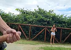 Risky handjob on the street, gorgeous redhead teen caught me masturbating outdoors