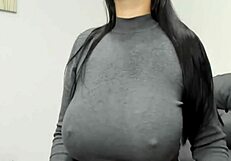 webcam girl performs striptease masturbation with big saggy tits on camera