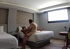 Does the latina with big ass and tits fuck the fat guy?