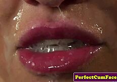 The bigtitted babe feels ecstatic during her messy facial cumshot.