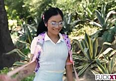 The little stepdaughter, shy and petite, convinces the stern landlord. She uses deepthroat and hardcore sex in this asian pornstar scene