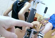 Skinny blonde bitch gets slammed in fitness room hard. Dare to watch her sweat?
