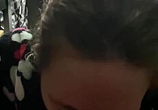 She kneels at the desk for a wet blowjob, sucking big cock in POV until cum in mouth during game.