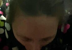 She kneels at the desk for a wet blowjob, sucking big cock in POV until cum in mouth during game.