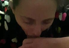 She kneels at the desk for a wet blowjob, sucking big cock in POV until cum in mouth during game.