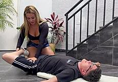 nerd boy convinces milf neighbor karen sleent to train and fuck him outdoors, then indoors with cum in mouth