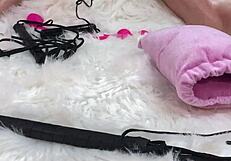 wow, I massaged her oiled body then slammed her tight holes with a glass dildo!