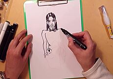 Drawn hot sexy girl in latex quick sketch with markers