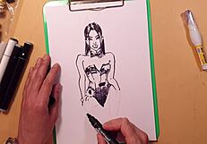 Drawn hot sexy girl in latex quick sketch with markers