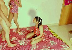 Skinny Girl's Tight Pussy In Cowgirl Threesome With Natural Tits And Fisting