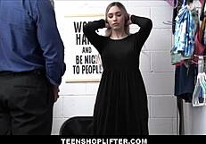 Petite blonde teen Delilah Day, caught shoplifting with clothes under hijab, gets her small tits ripped and fucked hard by the officer in the office.