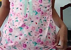 model in sexy pink pajamas seduces innocent colleague