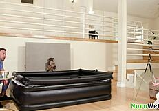 naughty big tit brunette masseuse films wet nuru massage