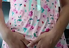 model in sexy pink pajamas seduces innocent colleague