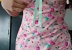 model in sexy pink pajamas seduces innocent colleague