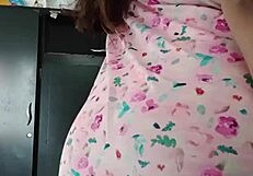 model in sexy pink pajamas seduces innocent colleague