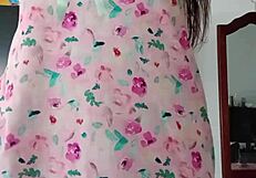 model in sexy pink pajamas seduces innocent colleague