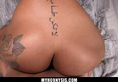 stepsister spreads her legs on the couch so he can pound the shit out of her tight little 18+ pussy until he cums deep inside her - myhornysis