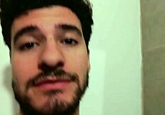 Young amateur with small waist masturbates big cock using homemade fleshlight at work desk