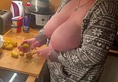 Wow, those two huge German MILF boobs working in the kitchen!