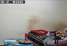 chubby stepmom in lingerie shows off huge natural tits and big ass for security camera