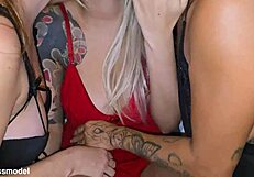 blonde in lingerie gets three orgasms with lesbian group