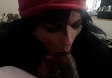 Transsexual in crossdressing sucks big black cock passionately