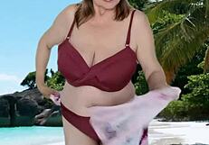 Hot granny showing off huge tits in tiny bikini