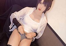 Beautiful shemale with blue eyes masturbating solo