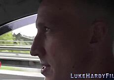 I watch the busty inked brit in glasses suck and fuck my monster cock.