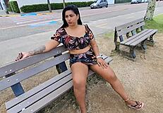 cuckold shows wife's natural tits in public street car and market