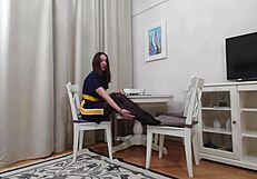 Evelyn trying on black and tan pantyhose