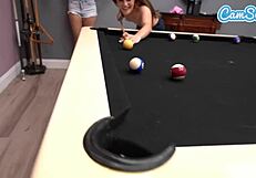 natural college lesbians lick wet pussies, scissor shaved pussies, and orgasm while playing pool with small tits.
