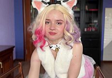 Blonde Babe in Stockings and Costumes Poses Solo in Softcore Scene