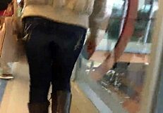 Jacket And Boots On Train Hide Candid Ass In Nylon Jeans