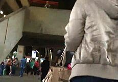 Jacket And Boots On Train Hide Candid Ass In Nylon Jeans