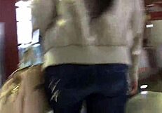 Jacket And Boots On Train Hide Candid Ass In Nylon Jeans