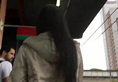 Jacket And Boots On Train Hide Candid Ass In Nylon Jeans