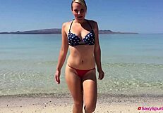 Boyfriend's big cock gets deepthroat in bikini, cumshot on tits at beach.