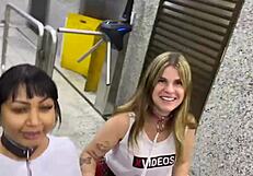 Young brazilian girls in collars walk Sao Paulo streets under domination, exhibitionism on display