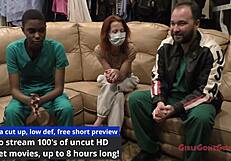 Tanned brunette Jewel with short hair and small tits tries gloves in hospital backstage