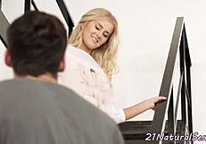 this glamour babe sucks dick on the stairs, then gets banged cowgirl style, cum in her mouth