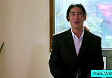 sexy blonde masseuse teaches nuru massage to client