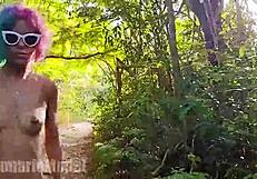 Hairy Babe Strolls Topless in Thong Through Forest Trails