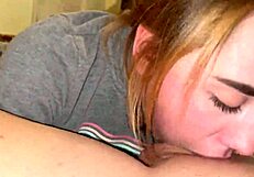 Blonde babe gives sloppy deepthroat, gagging for cum in mouth