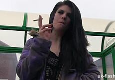 Lucia flashes big tits in public fingering challenge.