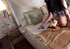 big tits brunette babe teases guy under towel in see through dress