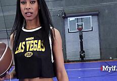 Man, this ebony milf with a tight ass rides hard on the basketball court!