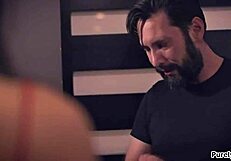 Big tit brunette says, 'I found out the creep's secret - now give me that blowjob and deepthroat'