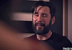 Big tit brunette says, 'I found out the creep's secret - now give me that blowjob and deepthroat'